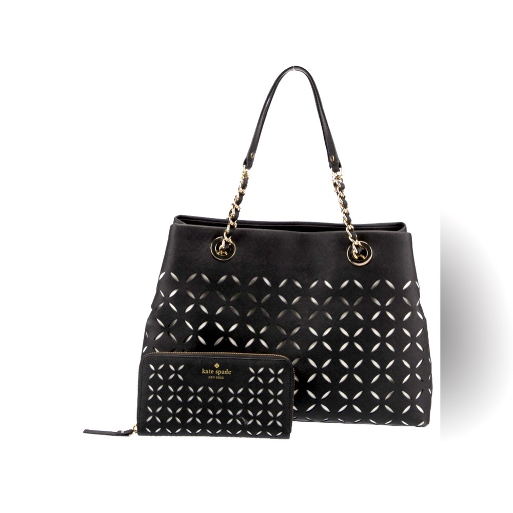 Kate spade leather chain tassel laser cut shoulder bag w/matching wallet